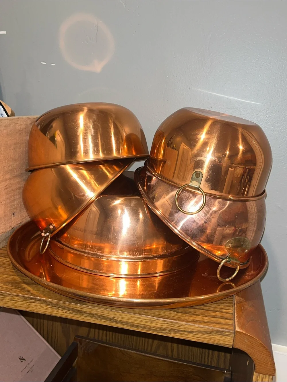 Vintage Copper (Plated?) Various Metal Nesting Bowl Set and Tray